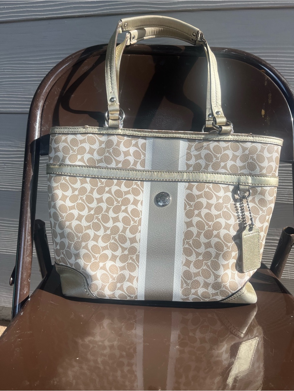 Coach Beige Signature Canvas Tote with Metallic Gold Accents